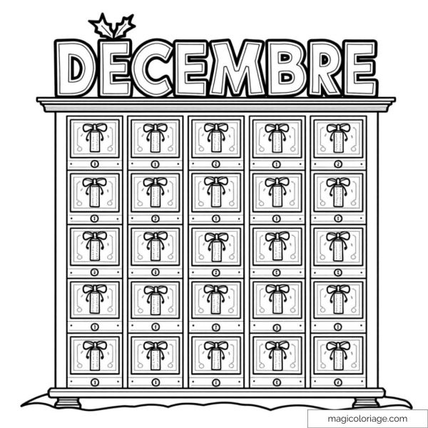 Coloring Advent calendar with gifts and "December"