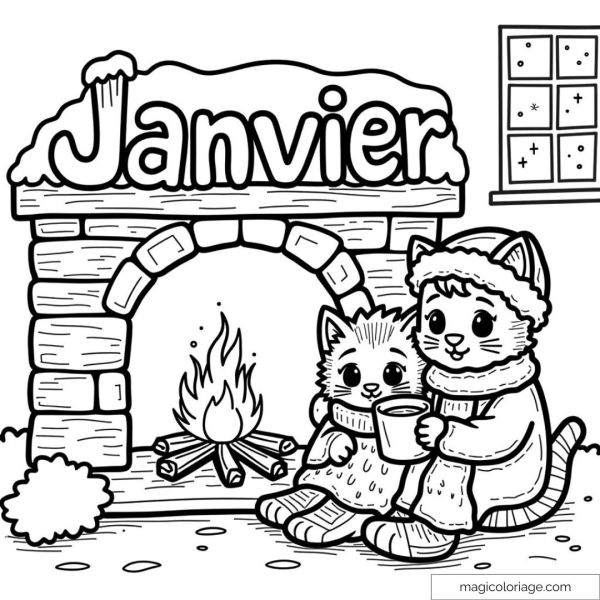 Cats in winter clothes sitting near a fireplace.