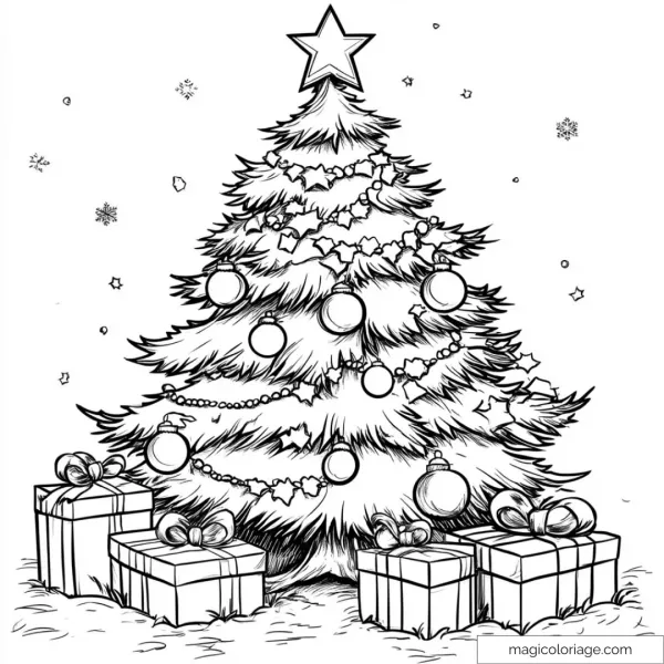 Christmas tree decorated with balls and gifts