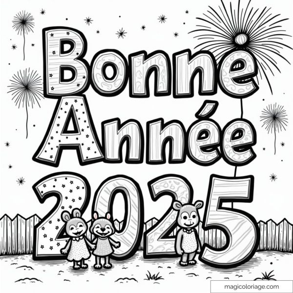 Image de coloriage Bonne Année 2025 avec feux d'artifice et personnages joyeux