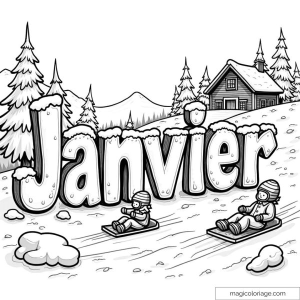 Coloring page "January" with two children sledding in the snow.