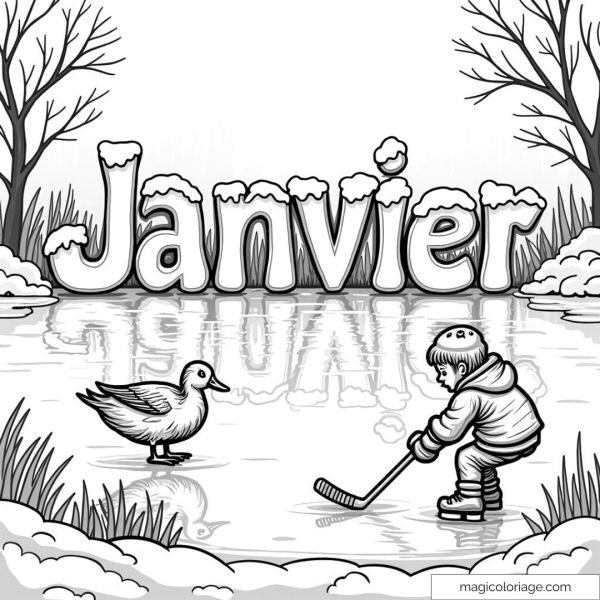 Winter coloring with child and duck on ice.