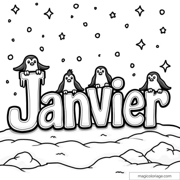 Coloring page: penguins around the word January with stars.