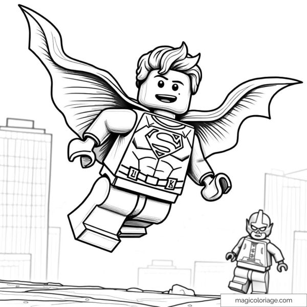 LEGO Superman flying in the city with another LEGO character.