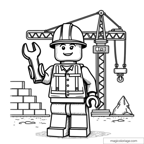 Drawing of a Lego worker character with crane and tools