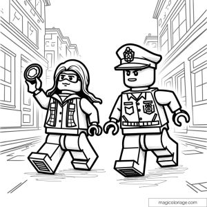 Lego coloring page with policeman and investigator in action in the city.