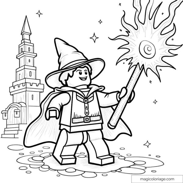 Image of Lego wizard casting a magic spell in front of a tower.