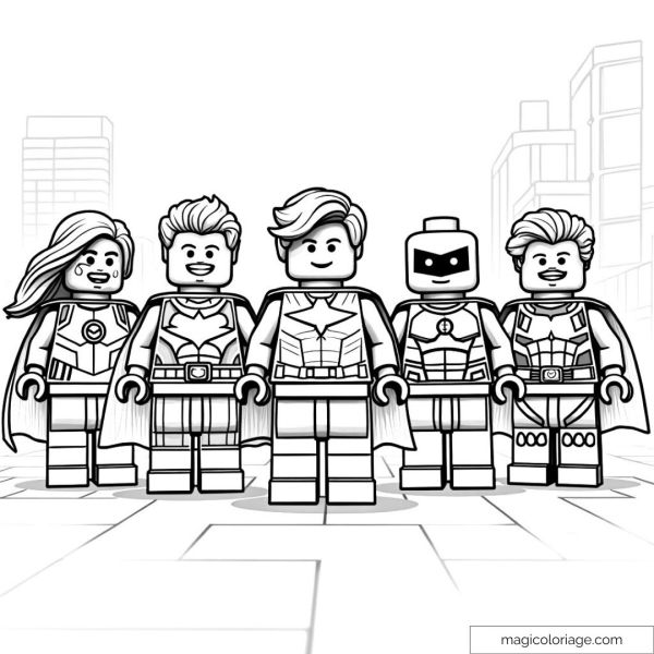Five Lego figures dressed as superheroes in a city.