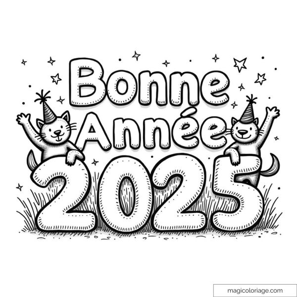 Dessin de chats avec chapeaux de fête célébrant le Nouvel An 2025