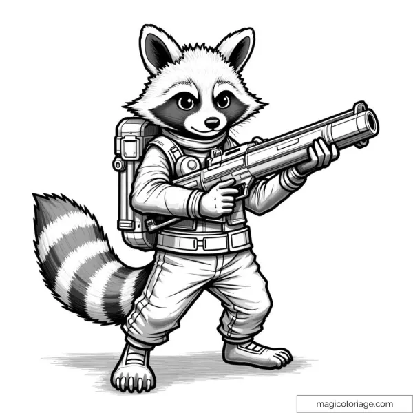 Rocket Raccoon in space suit with futuristic weapon.