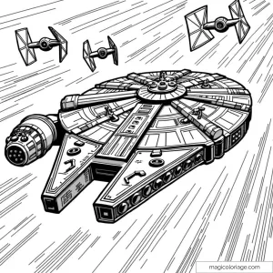 Dessin du Faucon Millenium poursuivi par des vaisseaux TIE