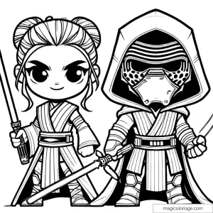 Rey et Kylo Ren version dessin à colorier