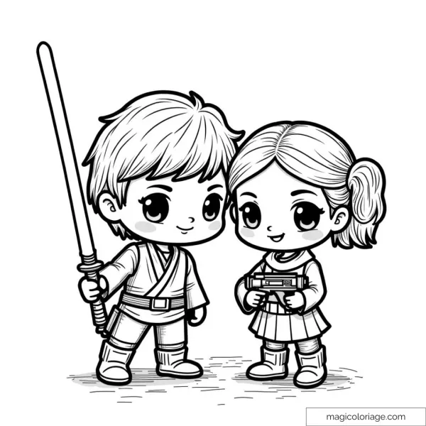 Dessin de deux enfants déguisés en personnages intergalactiques avec un sabre laser