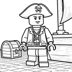 LEGO pirate coloring page with treasure chest and ship