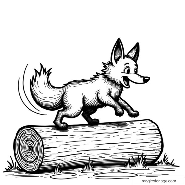 A happy fox jumping on a log in the middle of nature