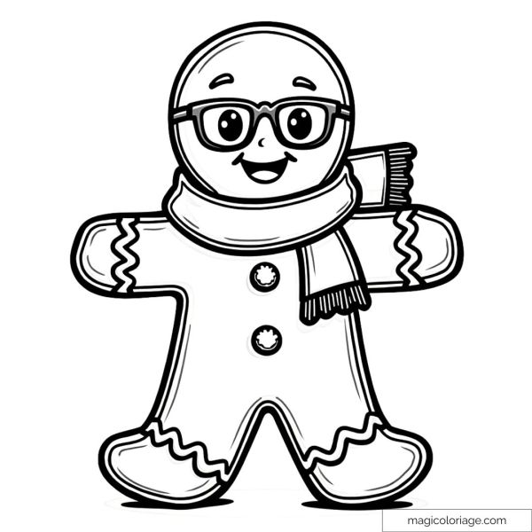 Dessin à colorier d'un bonhomme en pain d'épices portant des lunettes et une écharpe.