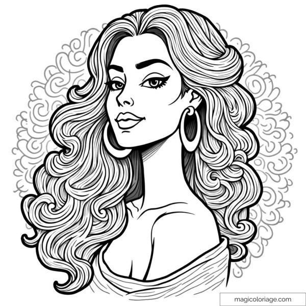 Drawing of an elegant woman with wavy hair and decorative curls.