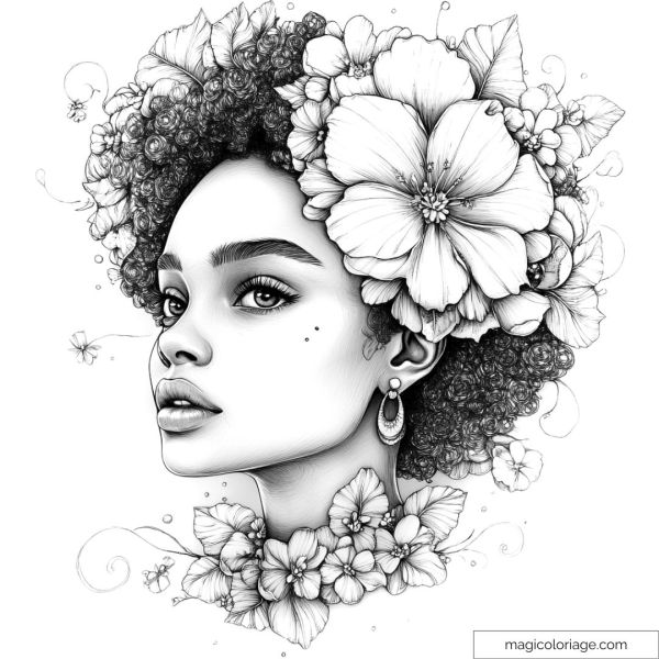 Detailed illustration of a woman with flowers in her hair.