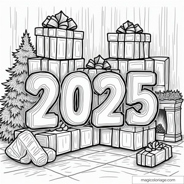 Dessin de Noël avec cadeaux et sapin pour 2025