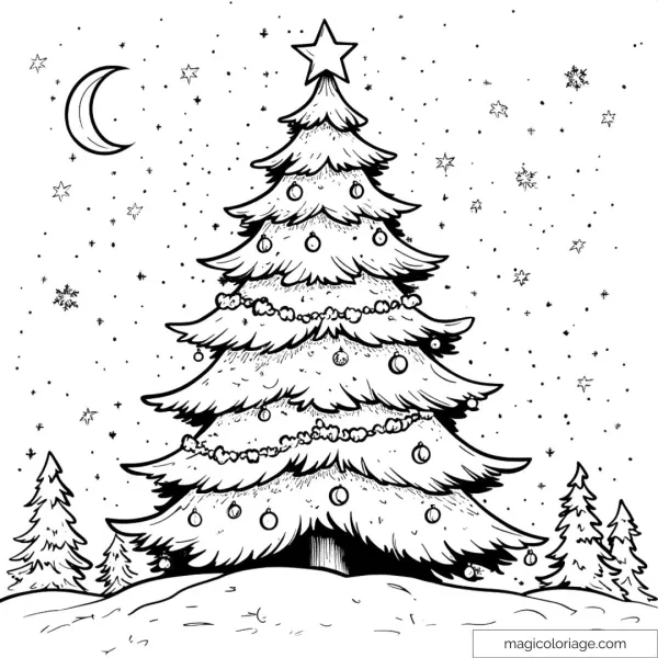 Decorated Christmas tree under a starry sky with moon and snowflakes.