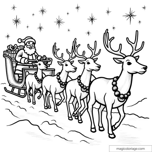Santa Claus in his sleigh with reindeer shiny stars