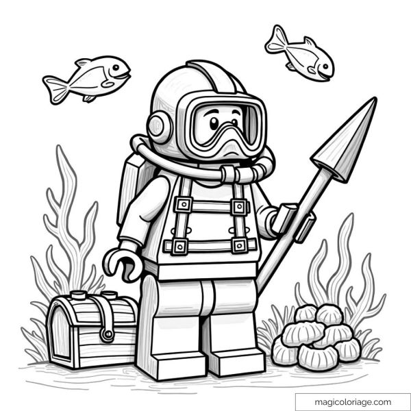 LEGO Diver Coloring Page with Fish and Underwater Treasure