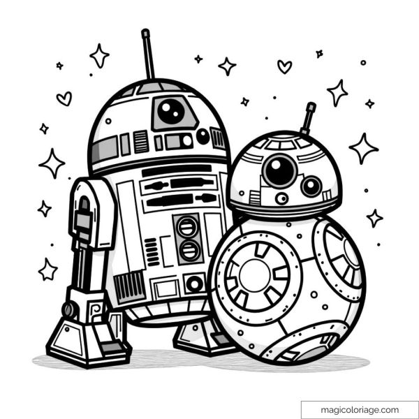Dessin à colorier de R2-D2 et BB-8 entourés d'étoiles et de coeurs.