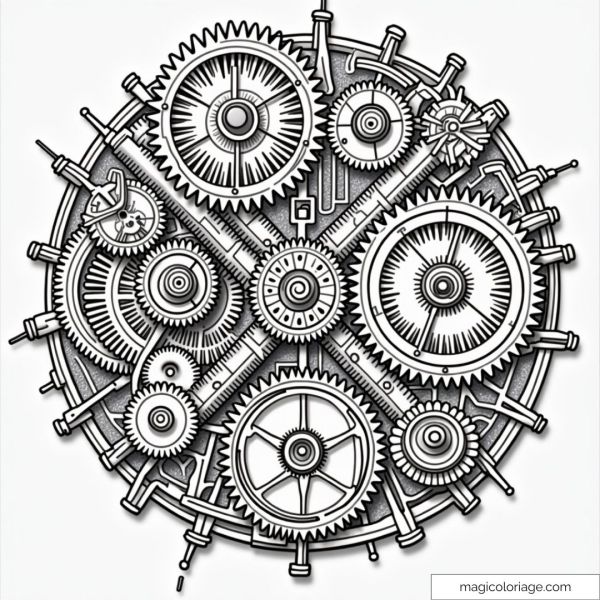 Drawing of complex mechanical cogs ready to color