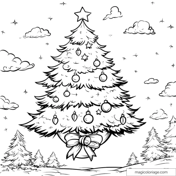 Christmas tree and starry festive decoration coloring page to print.