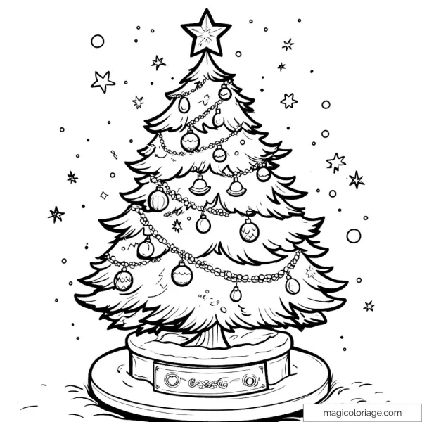 Magical Christmas tree coloring page with ornaments and stars