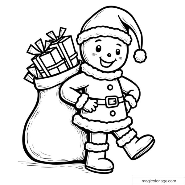 Dessin à colorier d'un bonhomme en pain d'épices avec un sac de cadeaux et un costume de Noël.