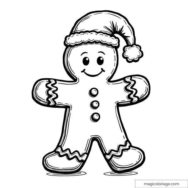 Dessin à colorier d'un bonhomme en pain d'épices portant un chapeau de Noël.