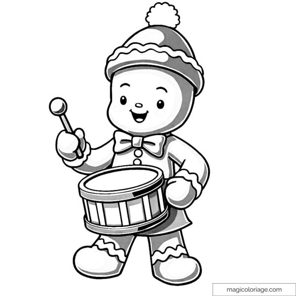 Dessin à colorier d'un bonhomme en pain d'épices jouant du tambour avec un chapeau de Noël.
