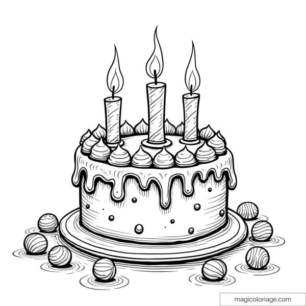 Dessin à colorier d'un gâteau d'anniversaire avec trois bougies allumées et des décorations.