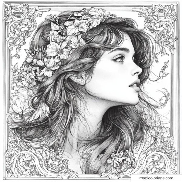 Coloring page of woman portrait with flowers and detailed hair.