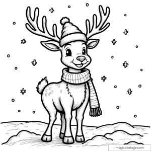 Renne souriant avec écharpe dans la neige et flocons