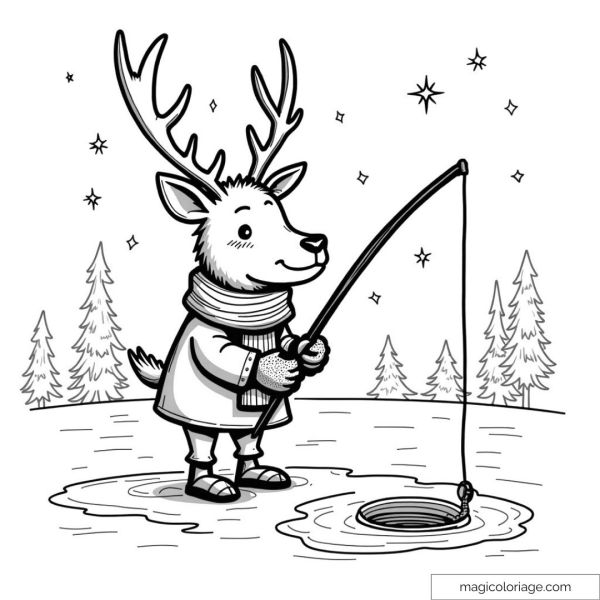 Cute reindeer fishing on a frozen lake under the winter stars