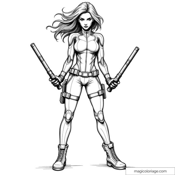 Drawing of a superheroine ready for action with two sticks.