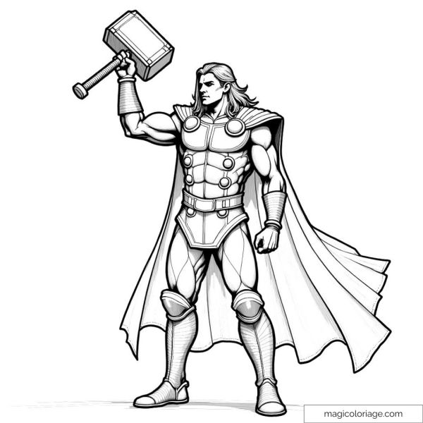 Superhero coloring page with raised hammer