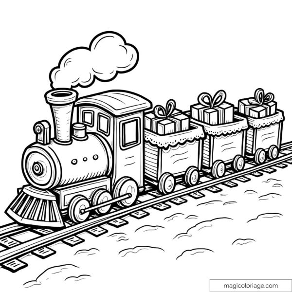 Dessin à colorier d'un train transportant des wagons remplis de cadeaux.