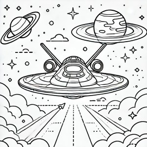 Dessin d'un vaisseau spatial avec des planètes en arrière-plan. Parfait pour les enfants!