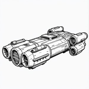 Dessin d'un vaisseau spatial futuriste avec plusieurs moteurs et détails technologiques.