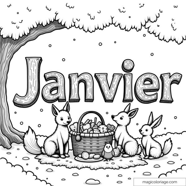 Animals playing under a snowy tree with a basket of food.