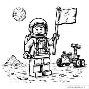 Lego astronaut on the moon with flag and rover to color.