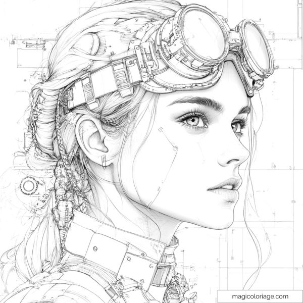 Steampunk woman with futuristic goggles and detailed hairstyle.