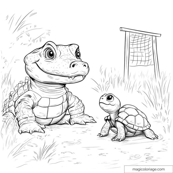 Drawing of an alligator and a turtle in nature to color
