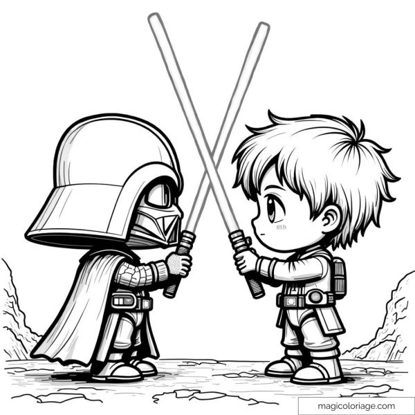 Personnages chibi avec sabres laser sur terrain intergalactique.