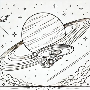 Un vaisseau spatial explore une belle planète avec Saturne et des étoiles scintillantes.