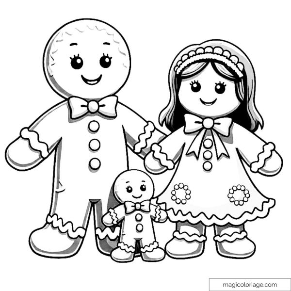 Dessin à colorier d'une famille de bonhommes en pain d'épices avec des tenues festives.