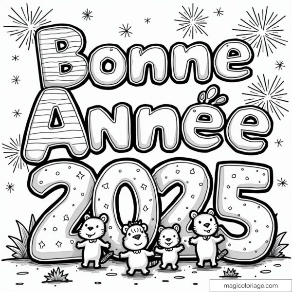 Coloriage Bonne Année 2025 avec animaux mignons et feux d'artifice.